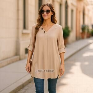 Blu Heaven Tan V-Neck Tunic Top Roll Cuff Sleeves Lightweight Neutral Size M